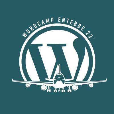 This is the WordCamp Entebbe 2023 logo. It is a teal logo with an airplane below the wordpress logo.