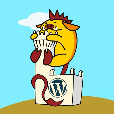 This is the WordCamp Torrelodones 2023 logo. It is a yellow wapuu. The wapuu has a mohawk and it is climbing a castle. There is a blue sky with a cloud behind the wapuu.